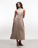 high neck sleeveless swing linen look maxi dress in oat