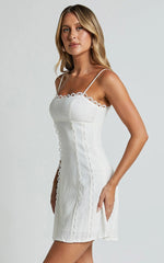 Gelli Mini Linen Blend Dress - Strappy Lace Detail Dress in White