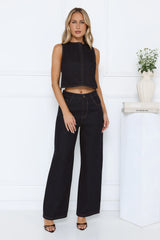 It-Girl Denim Crop Top Wide Leg Pants Set Dark Blue