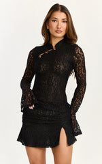 Aimee Mini Dress - Mandarin Collar Gold Trim Flute Long Sleeve Dress in Black