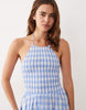 Esmée shirred halter mini dress in blue & white gingham