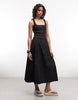 COLLUSION square neck cotton shirred midi dress in black
