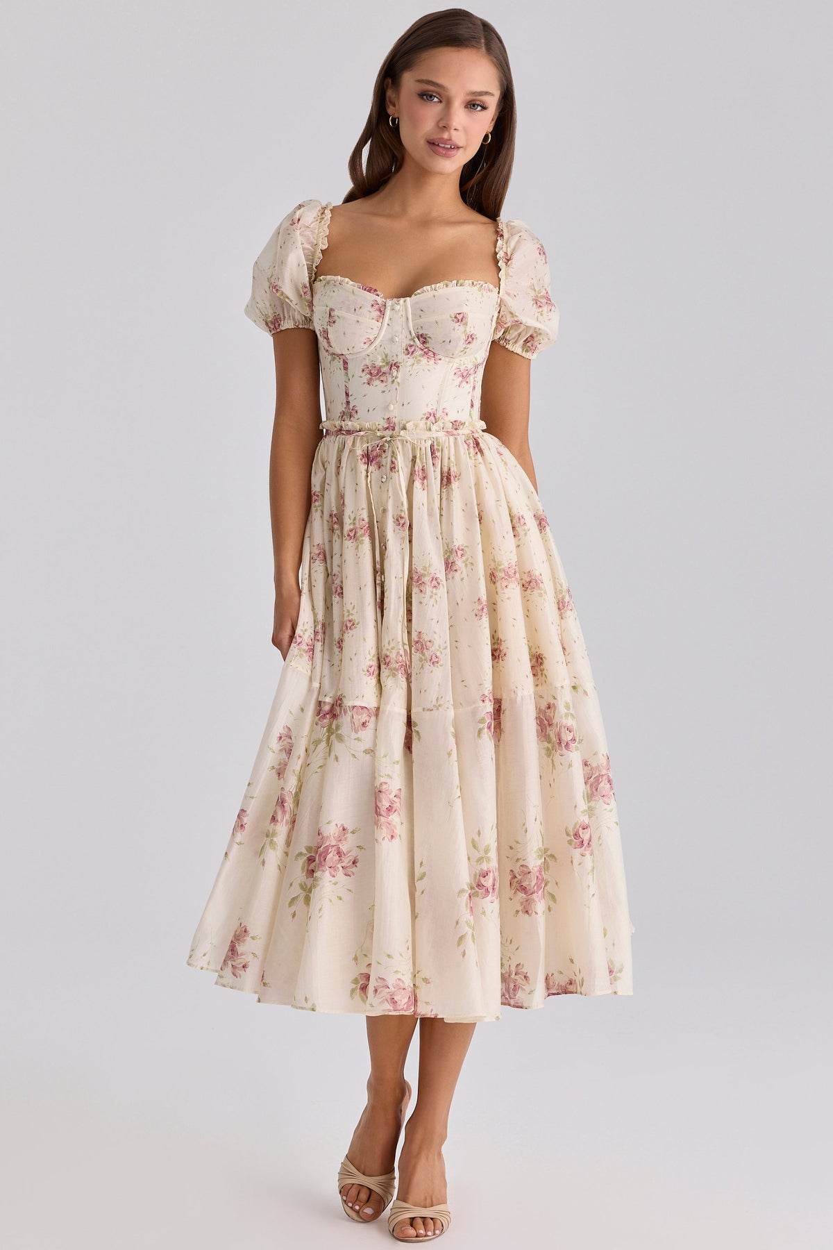 ivory vintage rose print chiffon midi dress