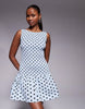 Kaiia exclusive shirred bodice dropped waist pleated hem mini dress in blue polka dots