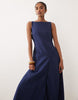 premium 100% linen slash neck midi dress with asymmetric dropped waist and hanky hem in navy