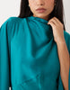 funnel neck satin maxi dress with exaggerated sleeves in turquoise