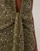 Murci halterneck plunge drape knot detail knit sequin maxi dress in khaki