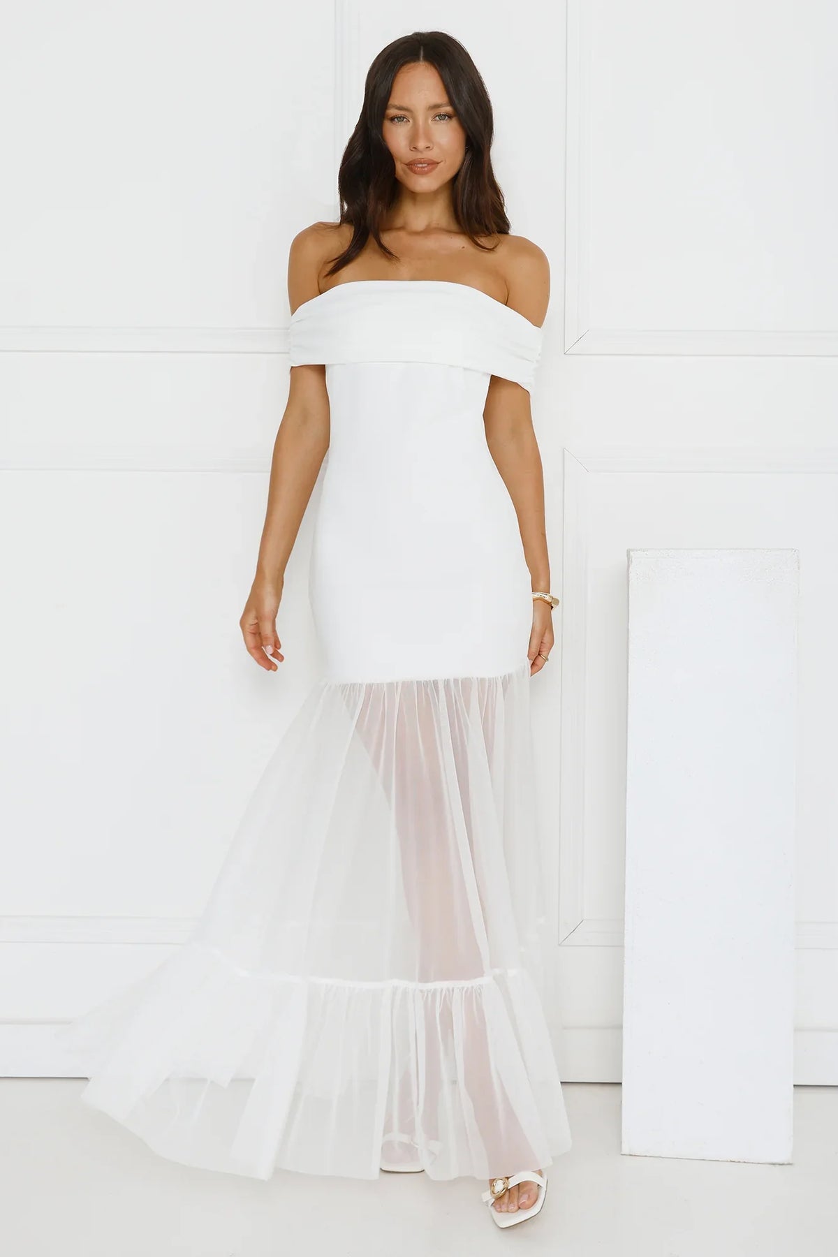Moonbeam Reverie Off Shoulder Maxi Dress White