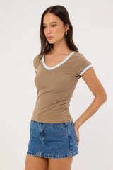 Perfect Stranger Contrast Bind V-neck Tee Taupe