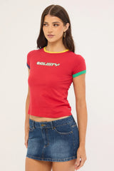 Rusty 3 Tone Contrast Ringer Baby Tee Red