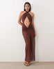 Oh Polly cross over halterneck cut out detail mesh skirt maxi dress in chocolate