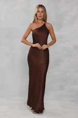 The Evangeline One Shoulder Satin Maxi Dress Chocolate Brown