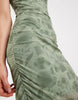 PIECES ruched midi dress in sage green floral print