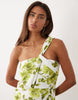 YAS one-shoulder satin maxi dress in blue and green floral print