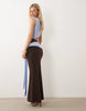 slinky color block slash neck maxi dress with gold trim detail in chocolate and baby blue