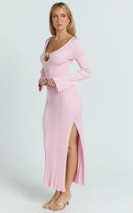 Wilde Midi Dress - Textured Stripe Knit V Neck Metal Trim Dress in Pink