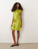 slash neck satin mini dress with lace hem in green