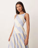 racer neck maxi sundress with cut out back in blue and white stripes