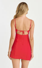 Gigi Mini Linen Blend Dress - Sweetheart Tie Back Scallop Detail Dress in Red