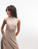 high neck sleeveless swing linen look maxi dress in oat