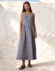 waisted v neck maxi dress with seaming details in blue gingham