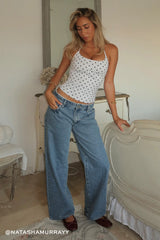 L&t Halter Tie Tank Top White Polka