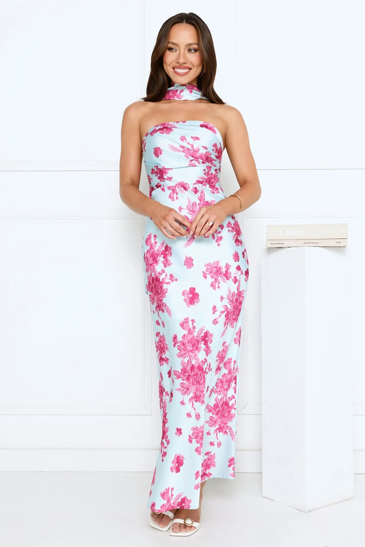 Bloom Pop Satin Strapless Maxi Dress Blue