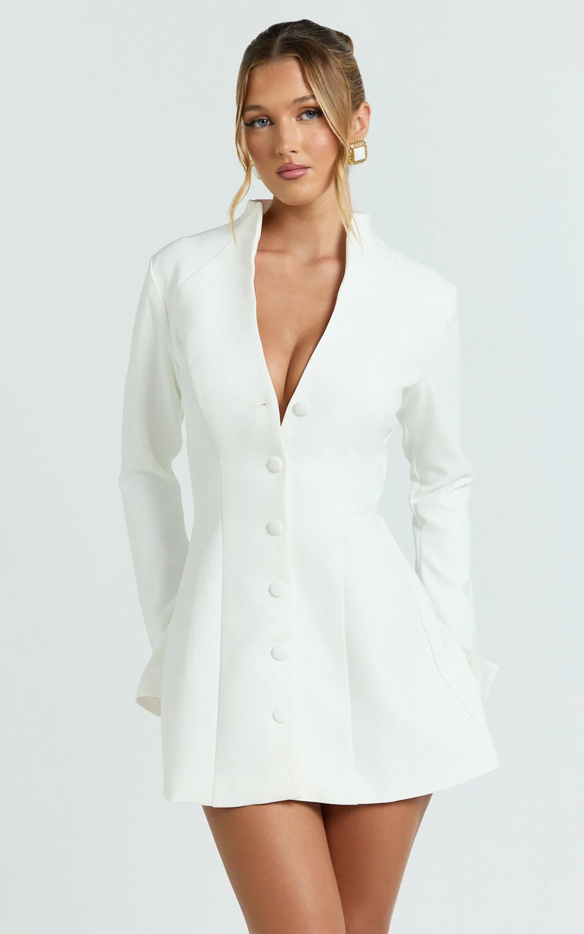 Layton Mini Dress - V Neck Long Sleeve Button Front Tulip Skirt Dress in White