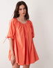 scoop neck poplin mini dress with tie sleeves in coral