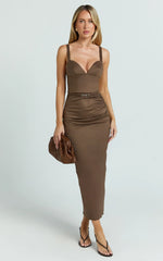 Desi Midi Dress - Spaghetti Strap V Neck Front Leg Split Dress in Chocolate