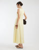premium 100% linen slash neck midi dress with asymmetric dropped waist in lemon