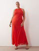 Curve racer neck bias maxi dress with godet hem in red