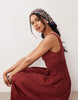 square neck panel detail crinkle midi dress in brown rust