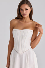 white cotton strapless maxi dress