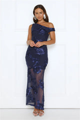 Bloom Soirée Off Shoulder Maxi Dress Navy