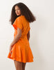 poplin short sleeve mini dress with ruching tie waist detail in tangerine orange
