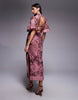 half wide sleeves column chiffon and satin contrast dress in pink abstract animal print