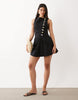linen blend vest mini dress with poplin skirt in black