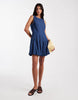 Pieces denim dropped waist bubble hem mini dress in medium blue
