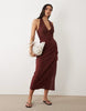 halter neck midi sundress with chiffon sculpted bust detail in chocolate