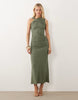 sleeveless ruched midi dress with trim detail in khaki