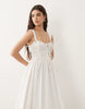 ruched bodice maxi sundress with full skirt and multi stitched hem in white