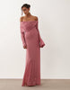 mesh off the shoulder draped neck long sleeve maxi dress in pink