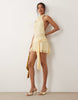 Oh Polly chiffon halter neck rosette detail draped waist mini dress in butter yellow