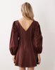 square neck twill mini dress with puff sleeves and contrast stitching in warm chocolate