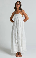 Claya Midi Dress - Sleeveless Straight Neckline Floral Detail Dress in White Embroidery