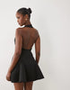 plunge neck structured full skirt mini dress in black scuba-style fabric