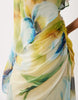 draped batwing asymmetric one sleeve maxi dress in blue floral print