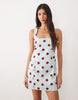 square neck bodycon mini sundress in blue and burgundy polka dots
