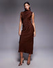 satin high neck pleated bodice midi dress in light brown